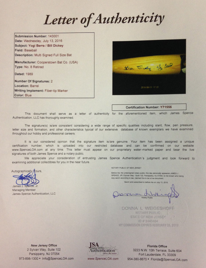 Yogi Berra Bill Dickey signed Cooperstown baseball bat auto HOF LE /202 JSA coa