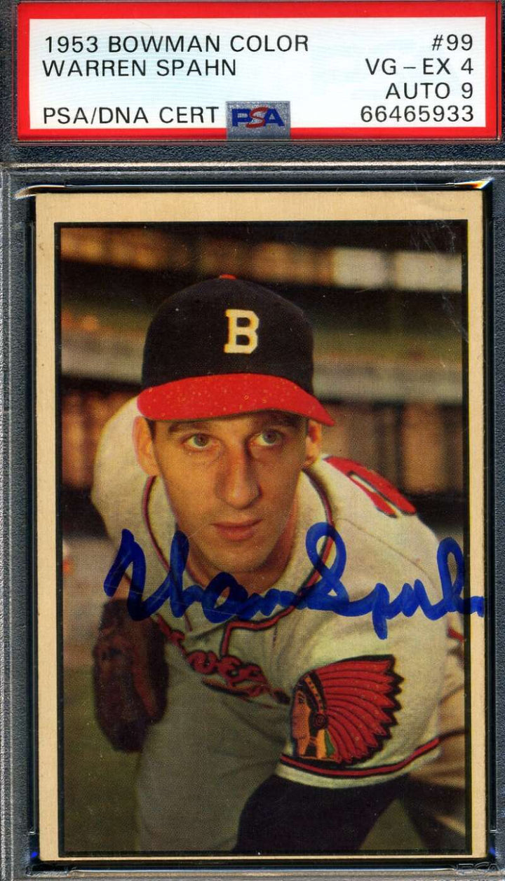 Warren Spahn Mint 9 PSA DNA Signed 1953 Bowman Color Autograph