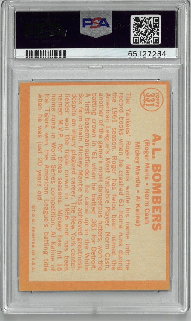 1964 Topps AL Bombers Card- Roger Maris/Mickey Mantle/Al Kaline- PSA Graded 6 EX
