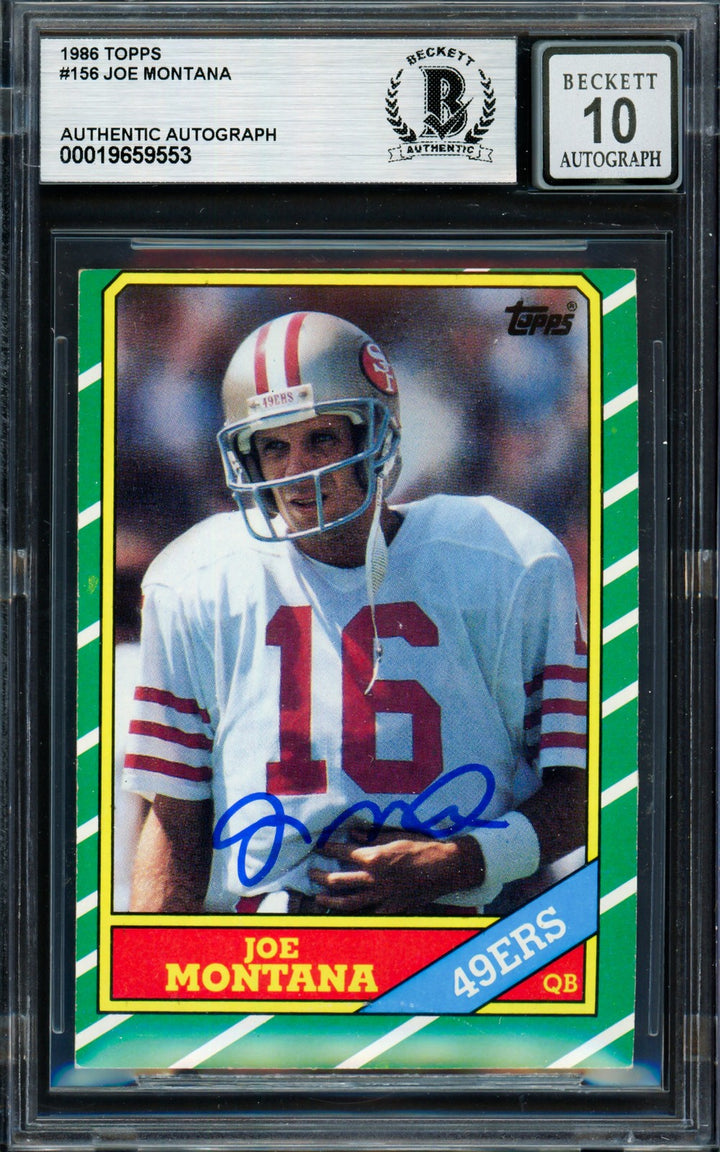 Joe Montana Signed 1986 Topps Card 156 San Francisco 49ers Auto GM 10 Beckett