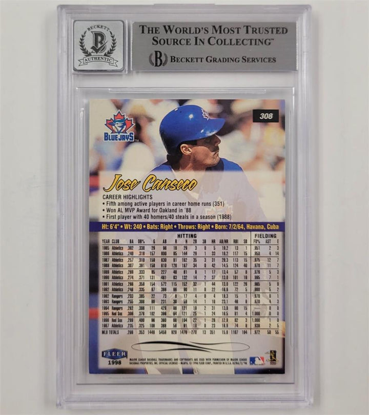 Jose Canseco signed 1998 Fleer Ultra #308 autograph Toronto ~ BGS BAS 10 auto