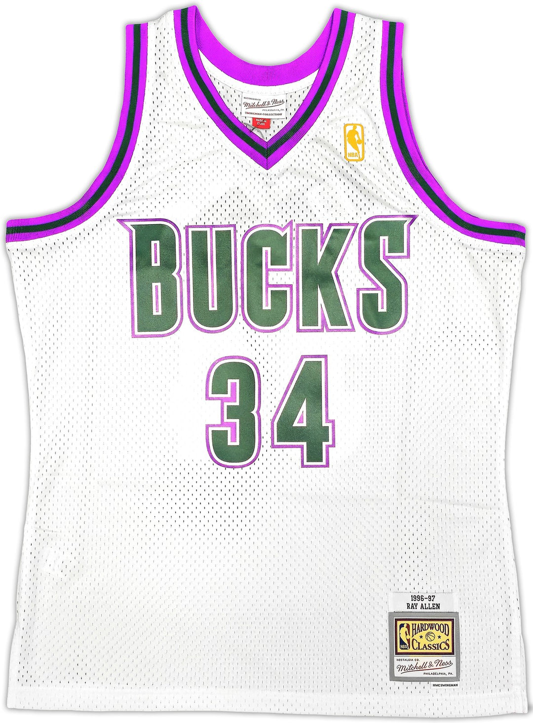 Bucks Ray Allen Auto White Auth Mitchell Ness 96-97 Swingman Jersey L BAS