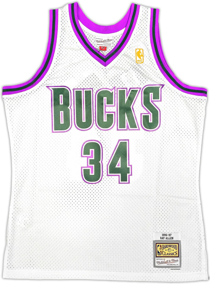 Bucks Ray Allen Auto White Auth Mitchell Ness 96-97 Swingman Jersey L BAS