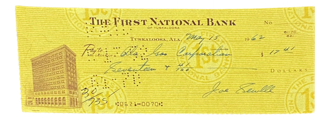 Joe Sewell Cleveland Signed May 15 1962  Bank Check BAS