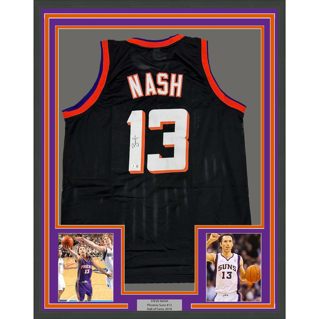 Framed Autographed/Signed Steve Nash 35x39 Phoenix Black Jersey Beckett COA