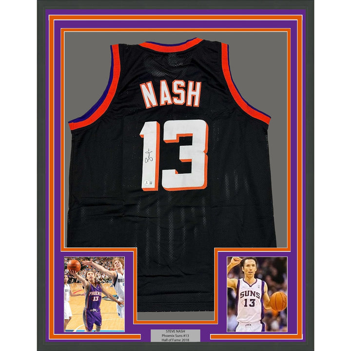 Framed Autographed/Signed Steve Nash 35x39 Phoenix Black Jersey Beckett COA