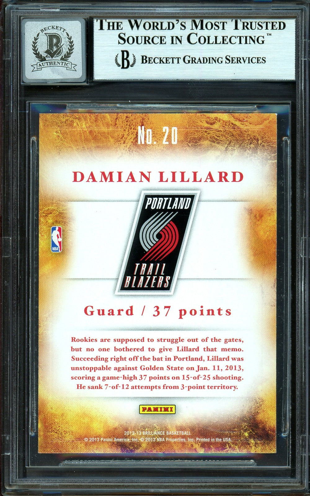 Damian Lillard Auto 2012-13 Panini Brilliance Scorers Inc. RC 20 Sig 10 Beckett