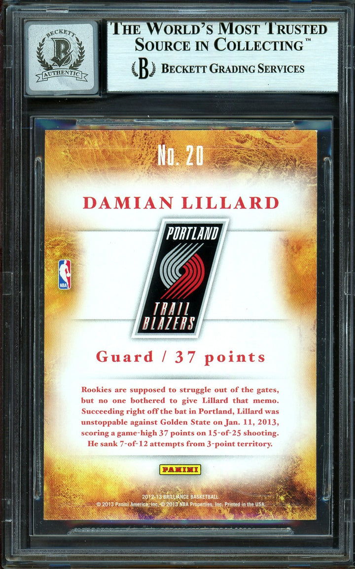 Damian Lillard Auto 2012-13 Panini Brilliance Scorers Inc. RC 20 Sig 10 Beckett