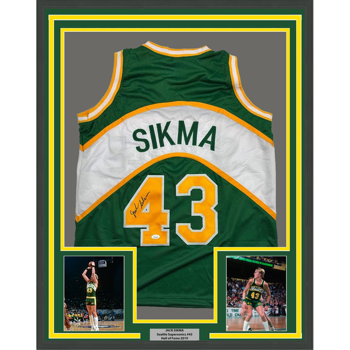 Framed Autographed/Signed Jack Sikma 35x39 Seattle Green Jersey JSA COA