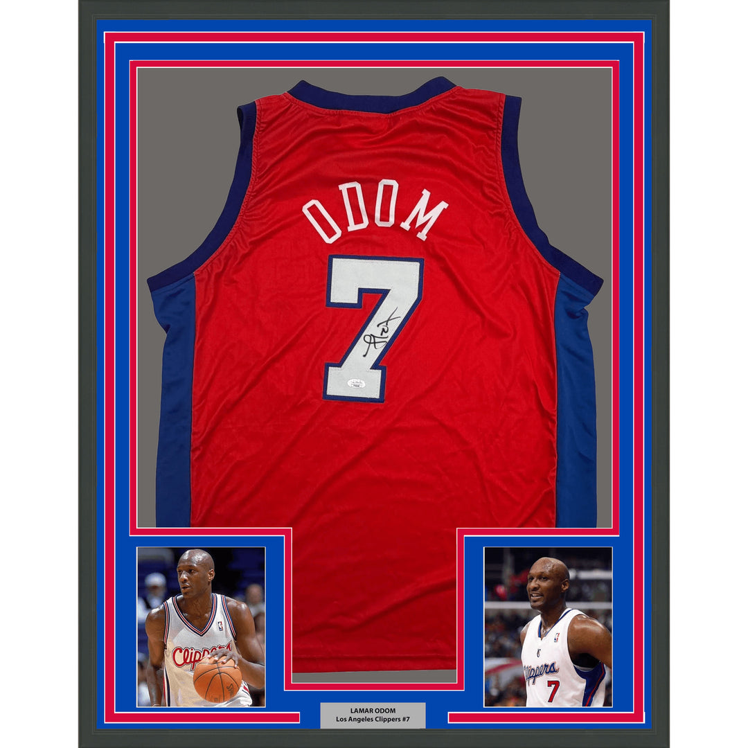 Framed Autographed/Signed Lamar Odom 35x39 Los Angeles Red Jersey JSA COA