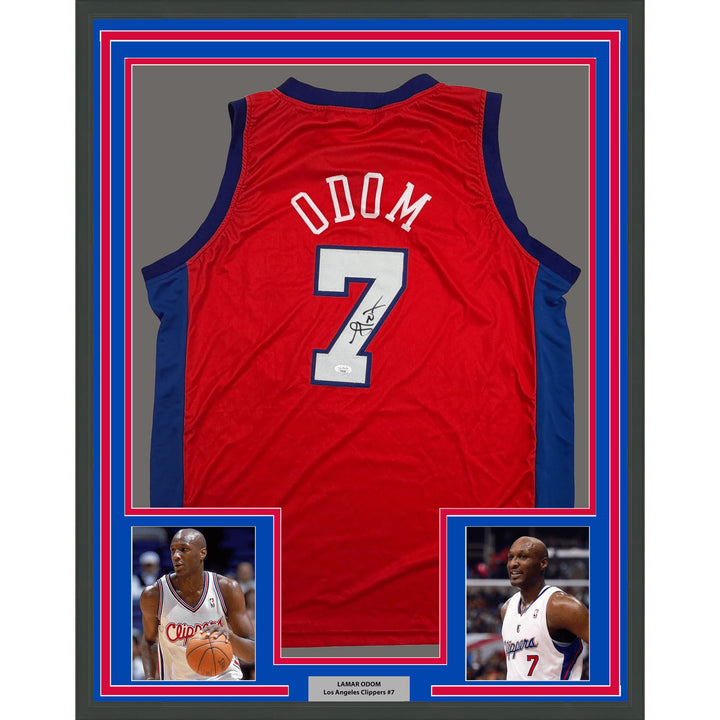 Framed Autographed/Signed Lamar Odom 35x39 Los Angeles Red Jersey JSA COA