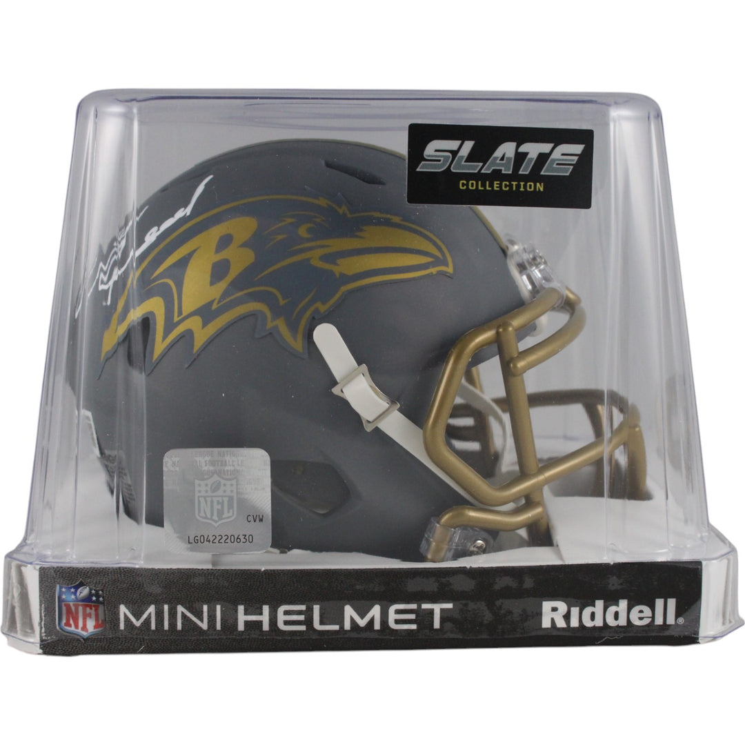 Ed Reed Autographed Baltimore Ravens Slate Mini Helmet Beckett Witness 49257