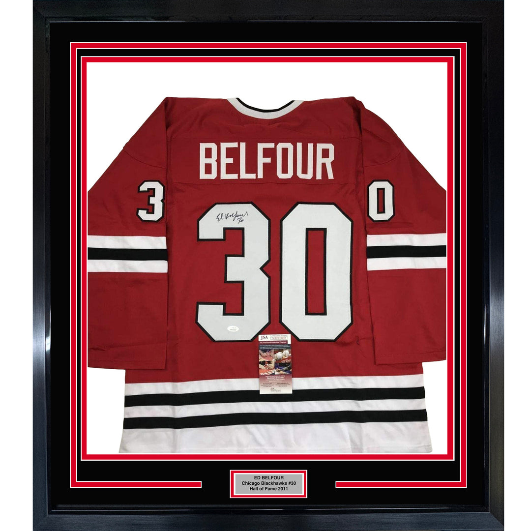 Framed Autographed/Signed Ed Belfour 35x39 Chicago Red Hockey Jersey JSA COA