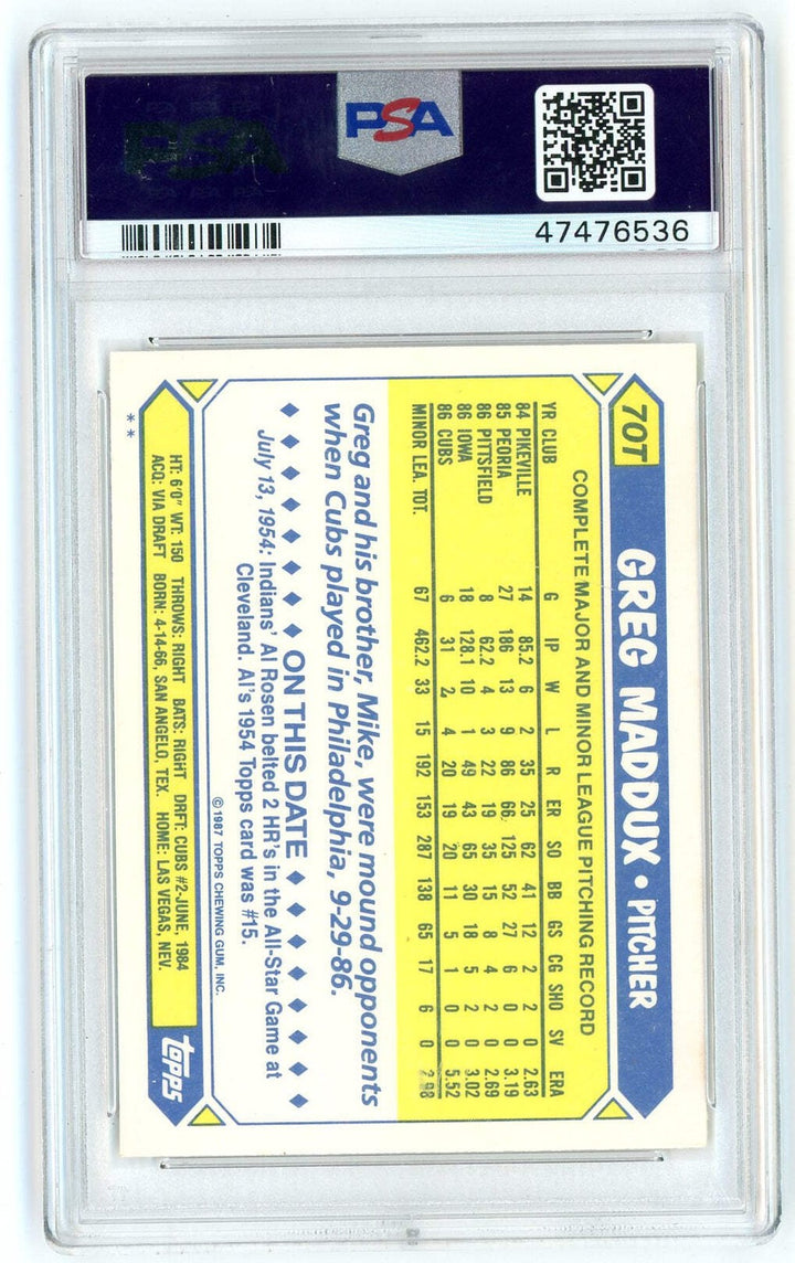 Graded 1987 Topps Traded Greg Maddux #70T Rookie RC Baseball Card PSA 10 Mint