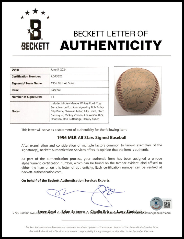 1956 MLB All Stars Auto Harridge AL Baseball 14 Sigs Mickey Mantle Vintage BAS