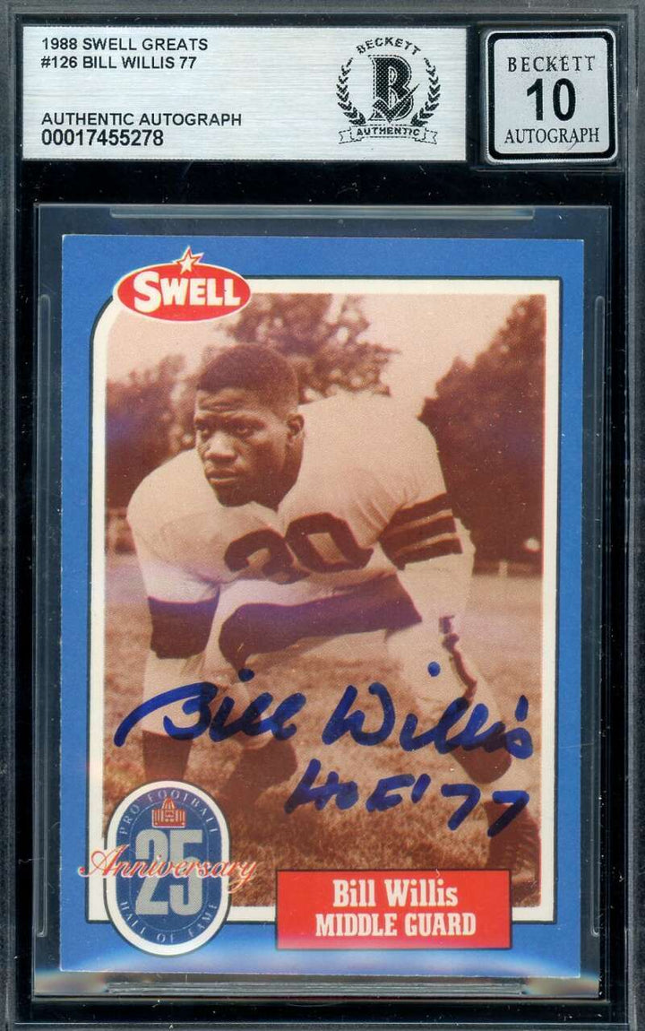 Bill Willis Gem Mint 10 Beckett BAS Autograph 1988 Swell Greats Signed