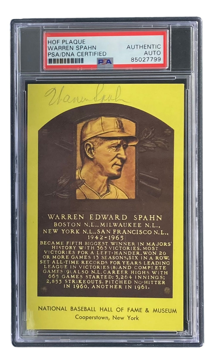 Warren Spahn Signed 4x6 Milwaukee Braves Hall Of Fame Plaque Card PSA/DNA