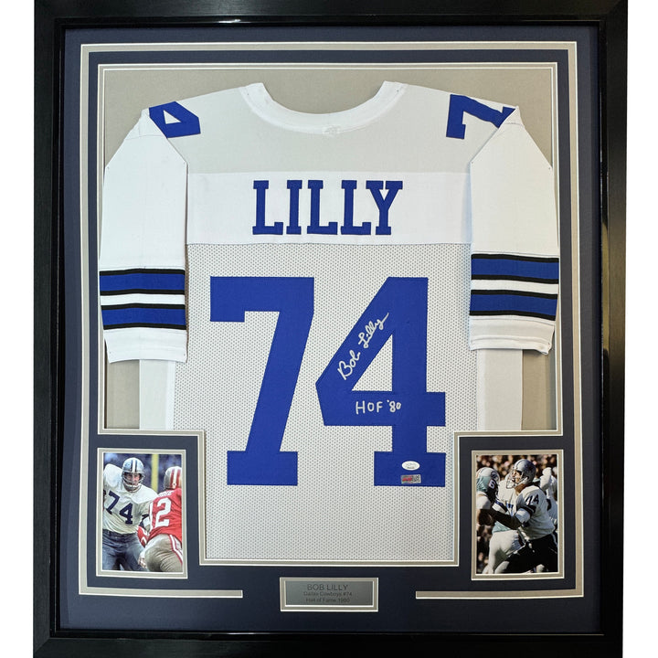 Framed Autographed/Signed Bob Lilly HOF 80 33x42 Dallas White Jersey JSA COA