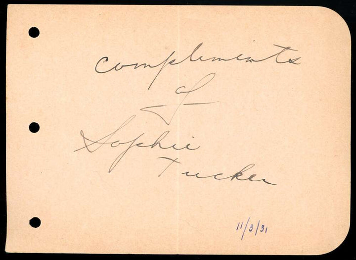 Sophie Tucker JSA Coa Signed Album Page Autograph