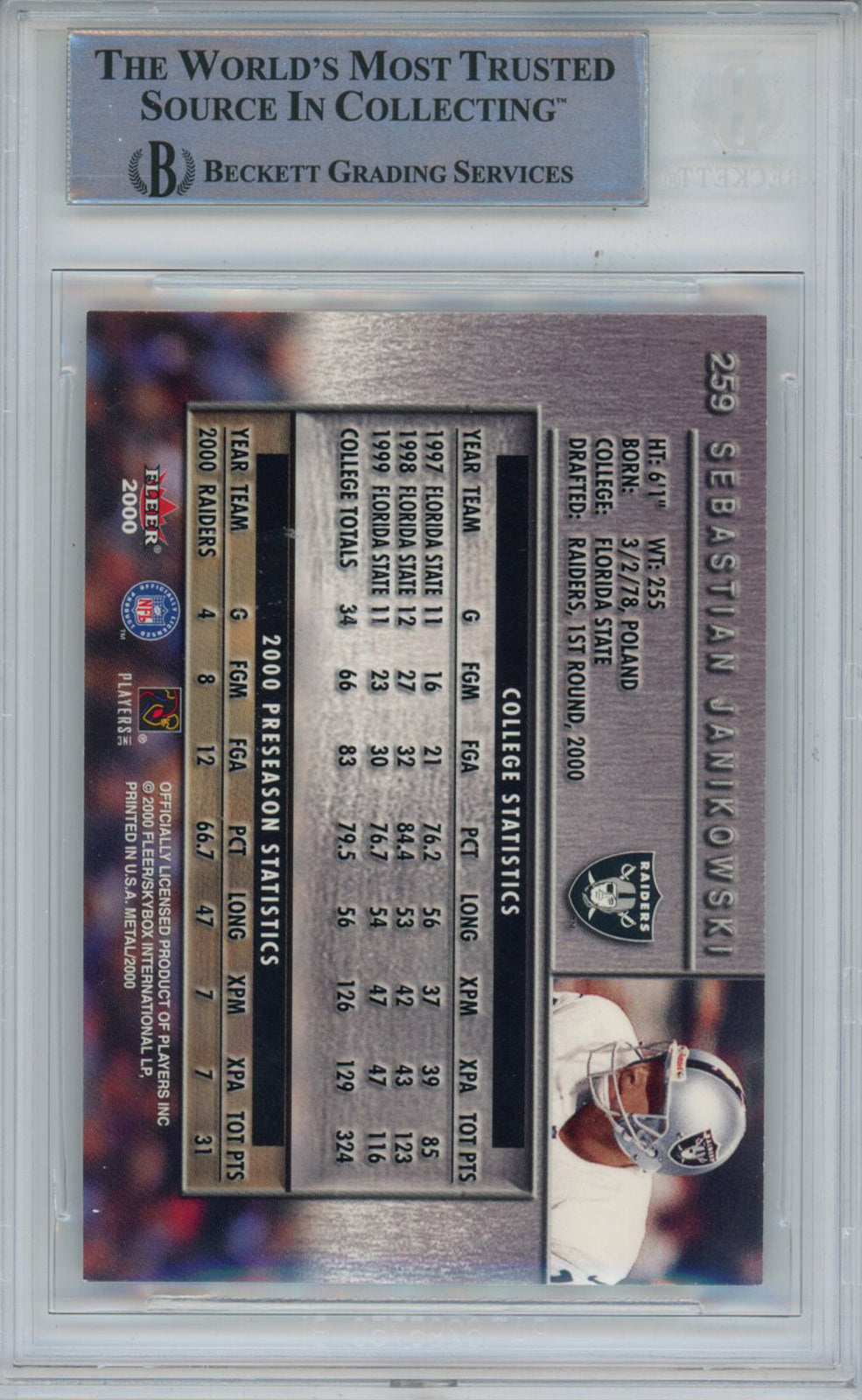 Sebastian Janikowski Signed 2000 Fleer Metal #259 Rookie Card BAS 42955