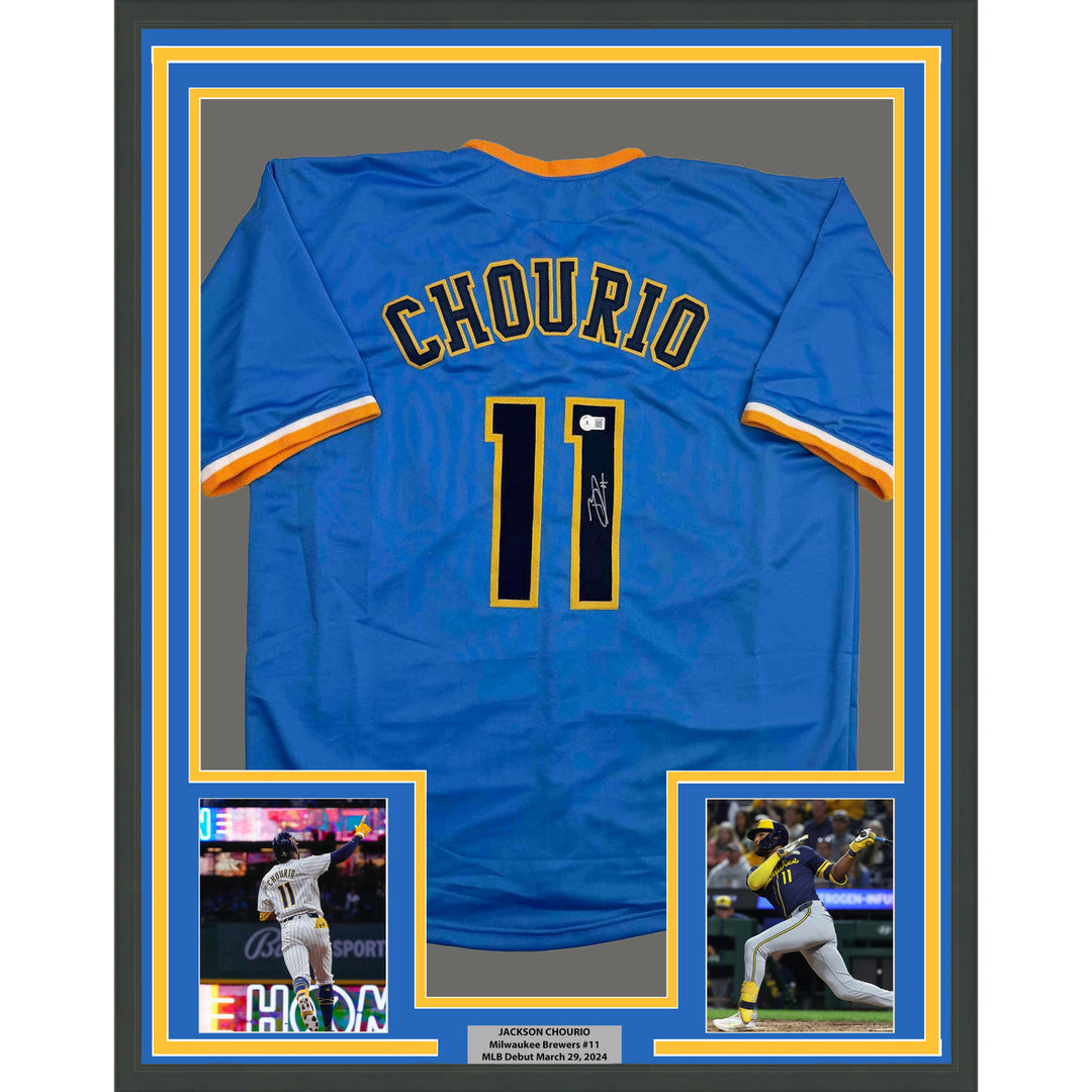 Framed Autographed/Signed Jackson Chourio 35x39 Milwaukee Blue Jersey BAS COA