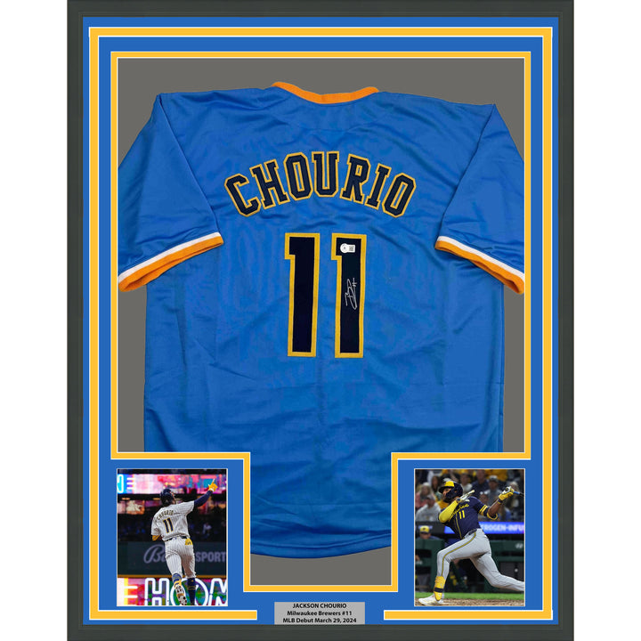 Framed Autographed/Signed Jackson Chourio 35x39 Milwaukee Blue Jersey BAS COA