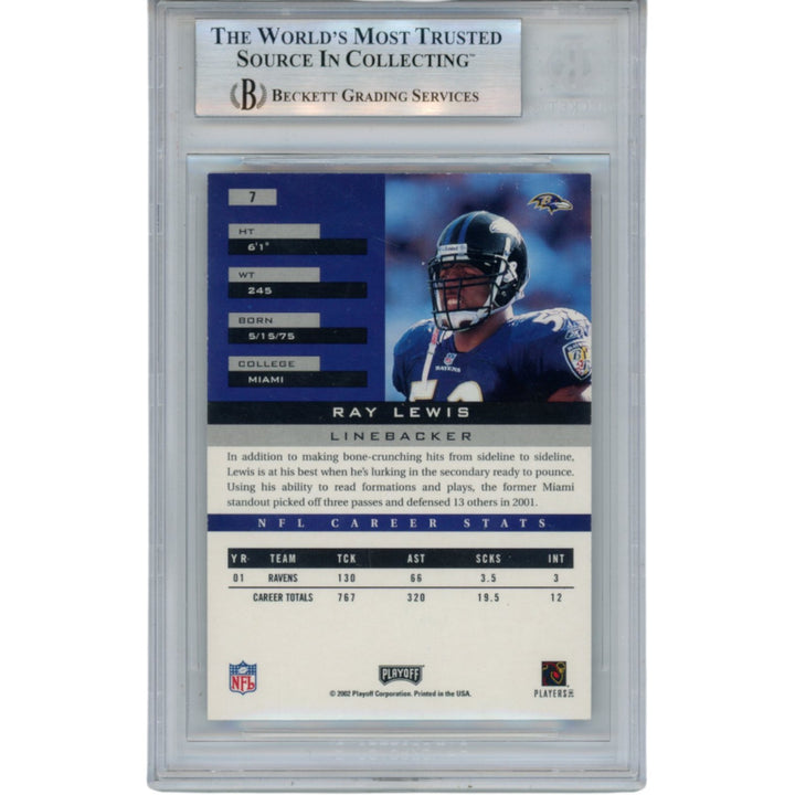 Ray Lewis Autographed 2002 Playoff Honors #7 Trading Card Slab Beckett 53464