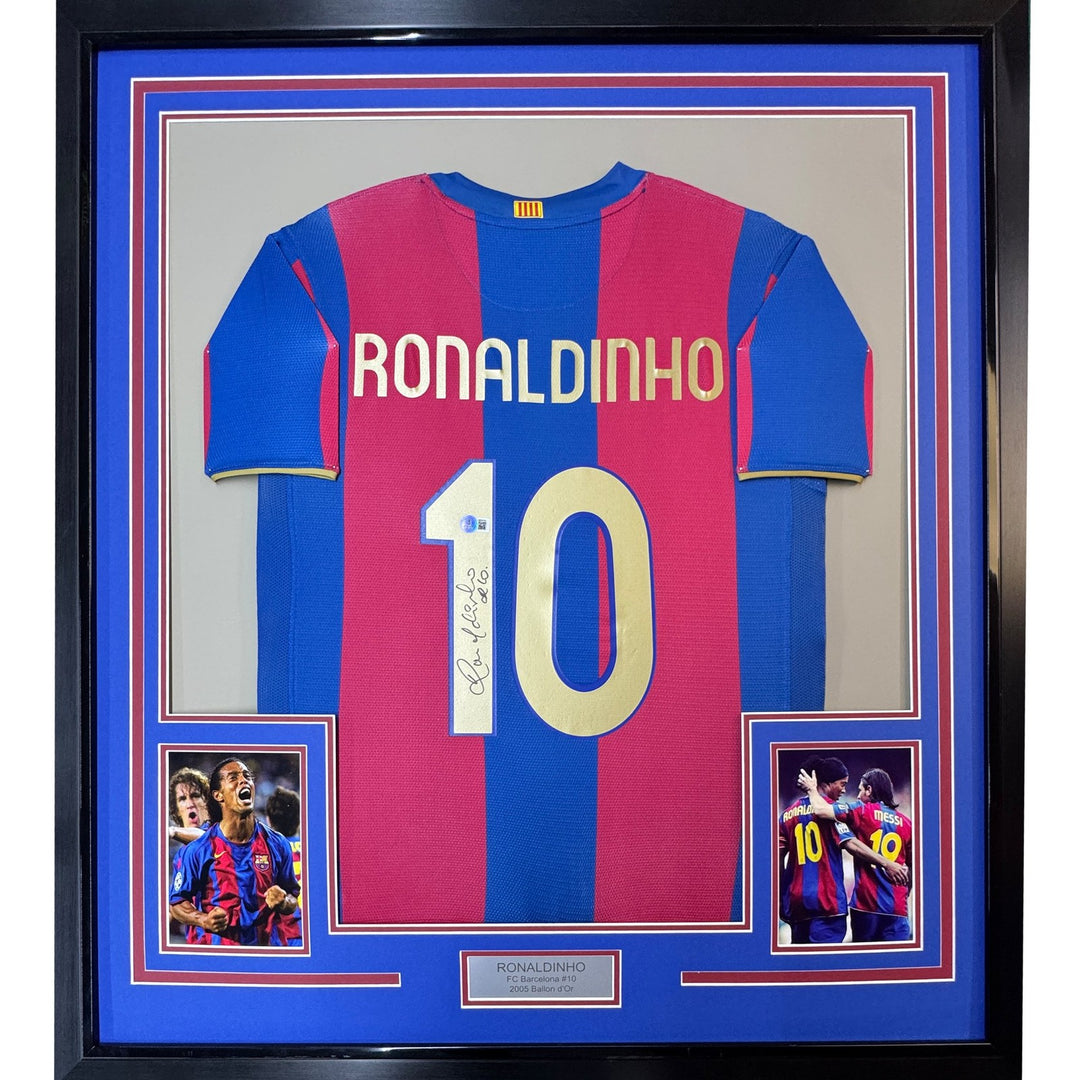 Framed Signed Ronaldinho 35x39 Barcelona Blue/Red Jersey Beckett COA