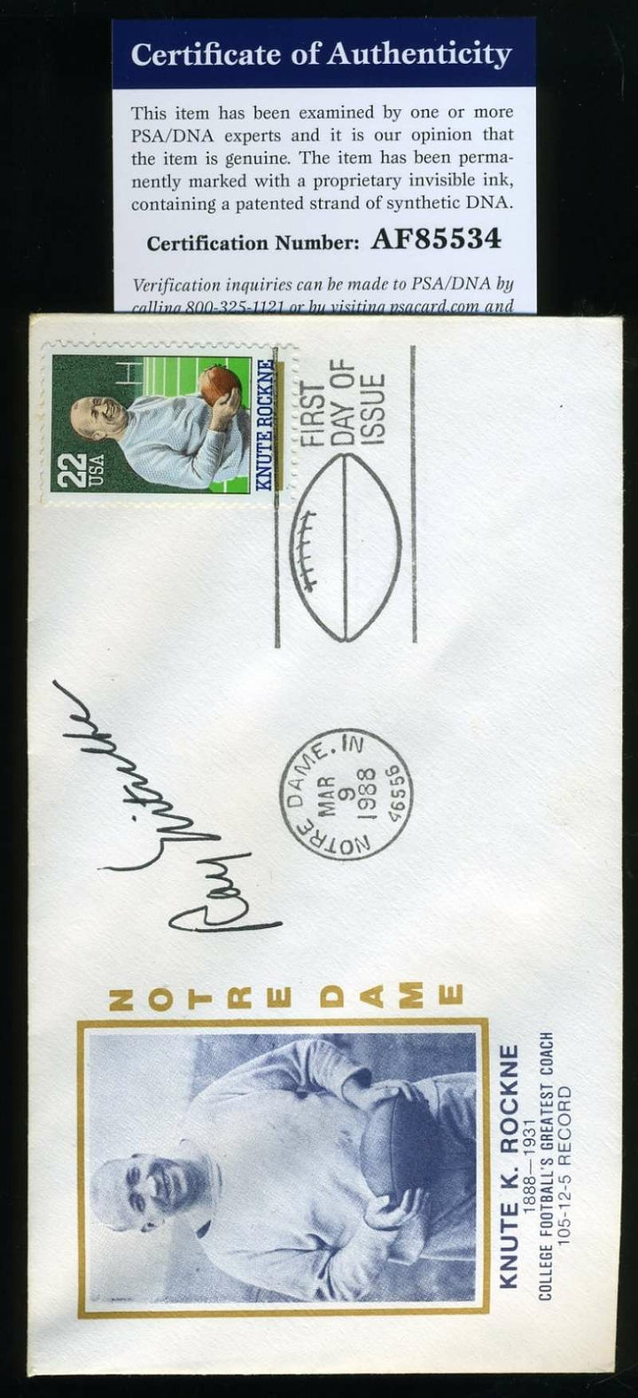 Ray Nitschke Psa Dna Coa Signed Knute Rockne Fdc Cache Autograph