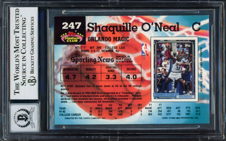 Shaquille O'Neal Signed 1992-93 Stadium Club RC 247 Magic Auto GM 10 Beckett