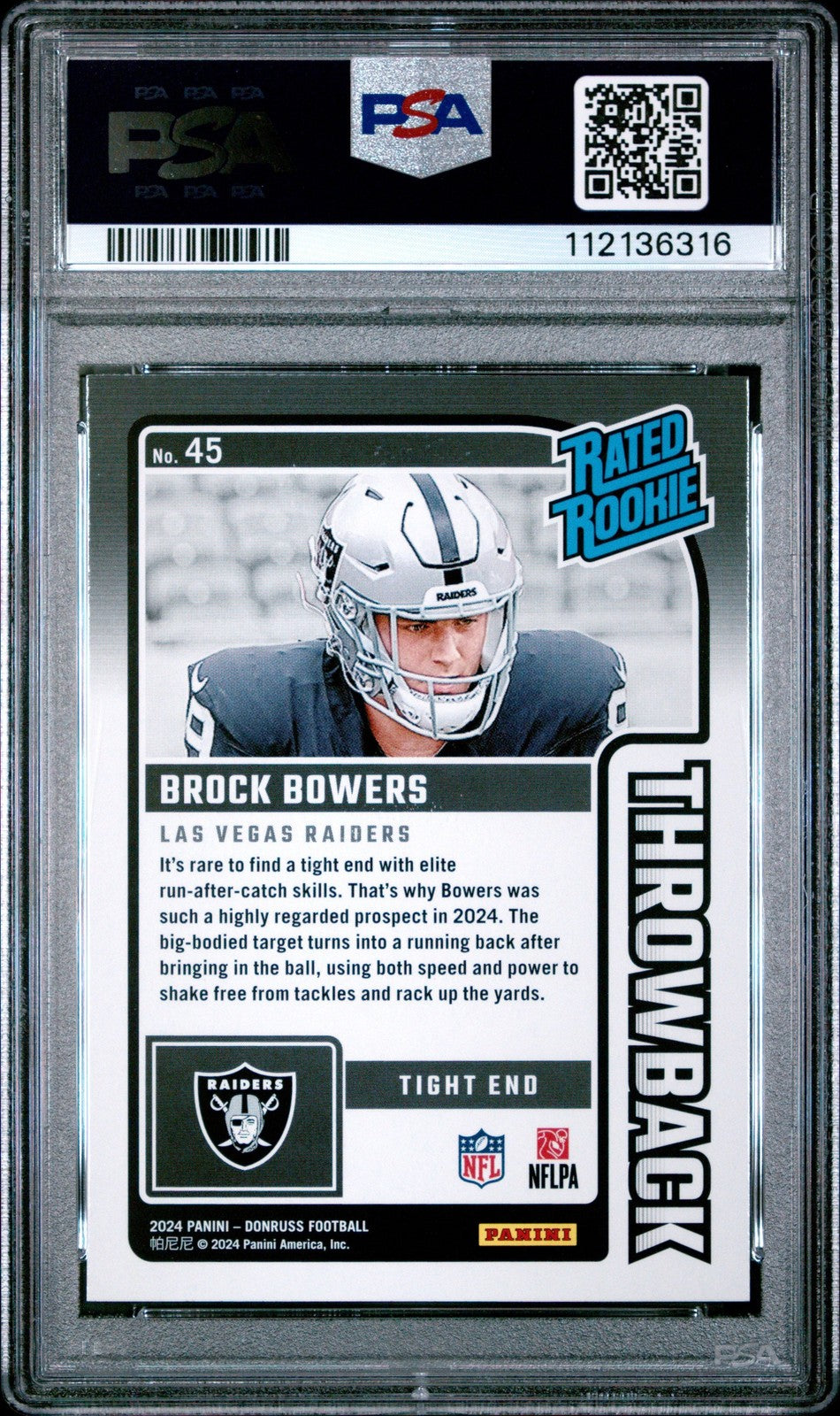 Graded 2024 Donruss Brock Bowers #45 Rated Rookies Throwback RC Card PSA 10