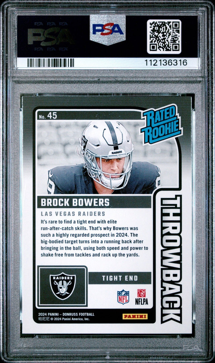 Graded 2024 Donruss Brock Bowers #45 Rated Rookies Throwback RC Card PSA 10