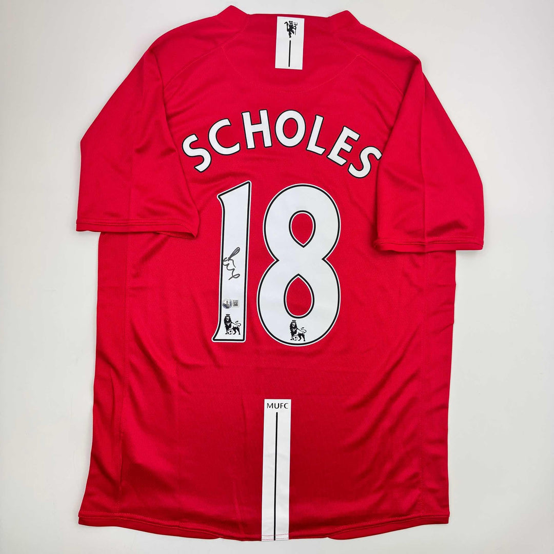 Autographed/Signed Paul Scholes Manchester United Red Jersey Beckett BAS COA