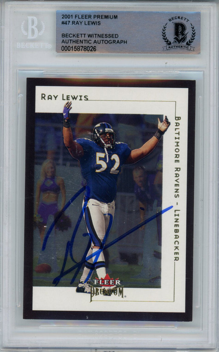 Ray Lewis Autographed 2001 Fleer Premium #47 Trading Card Beckett Slab 43368