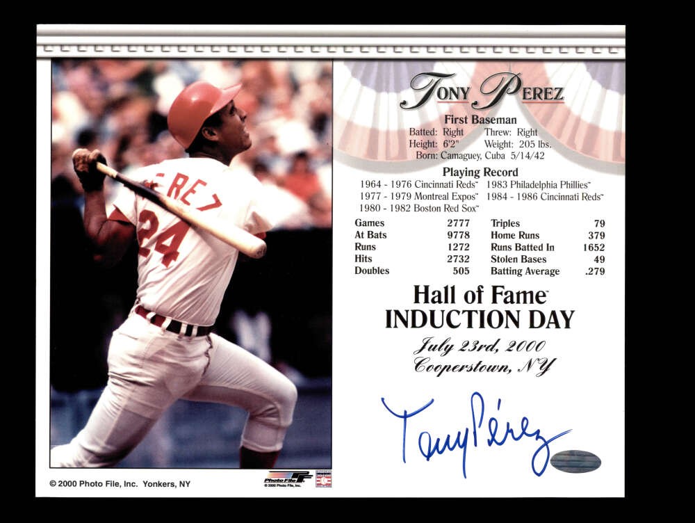 Tony Perez Steiner Coa Signed  8x10 Photo Autograph Reds