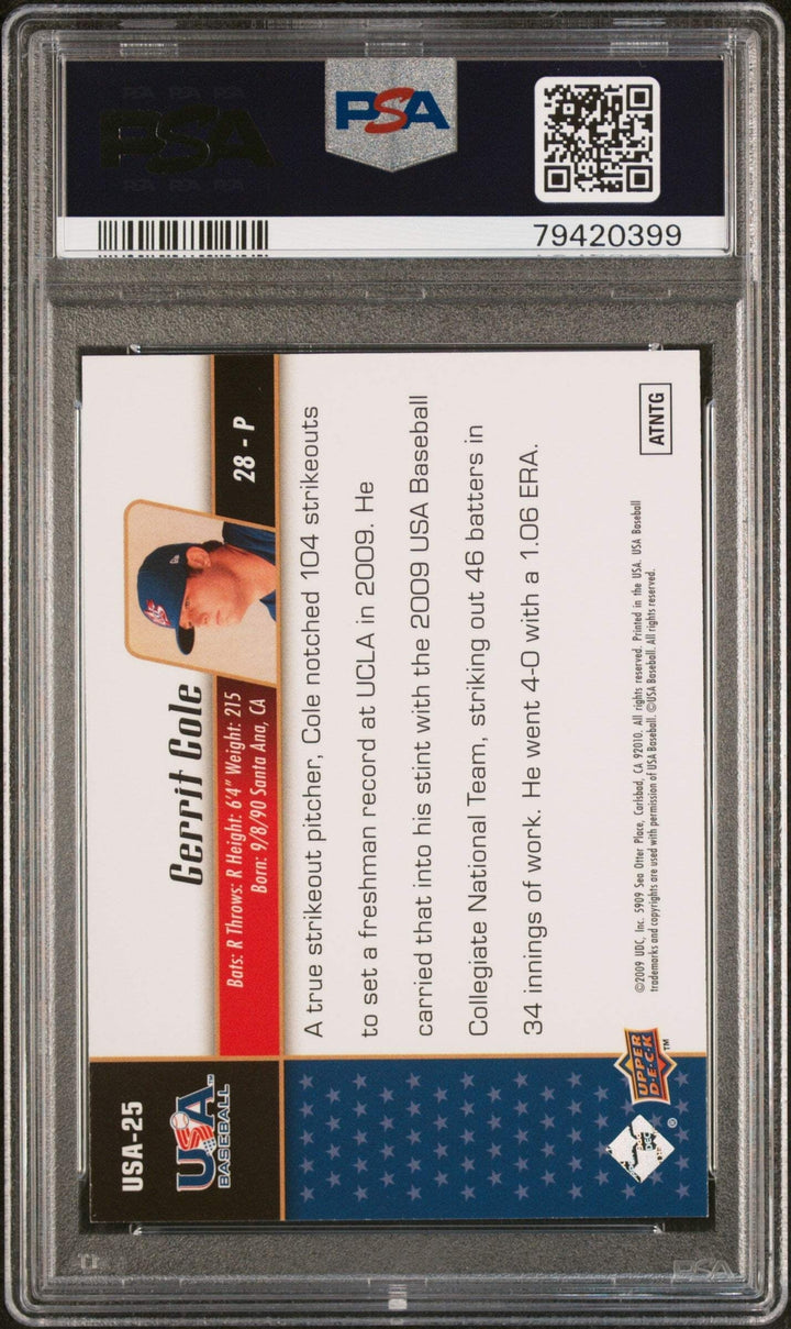 Graded 2009 Upper Deck USA Gerrit Cole #USA25 USA Star RC Baseball Card PSA 10