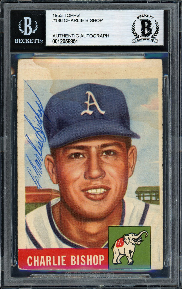 Charlie Bishop Signed 1953 Topps Rookie Card #186 Philadelphia A's Beckett