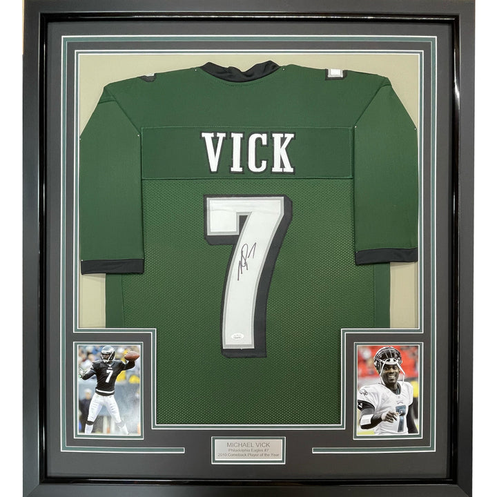 FRAMED Autographed/Signed MICHAEL VICK 33x42 Philadelphia Green Jersey PSA COA