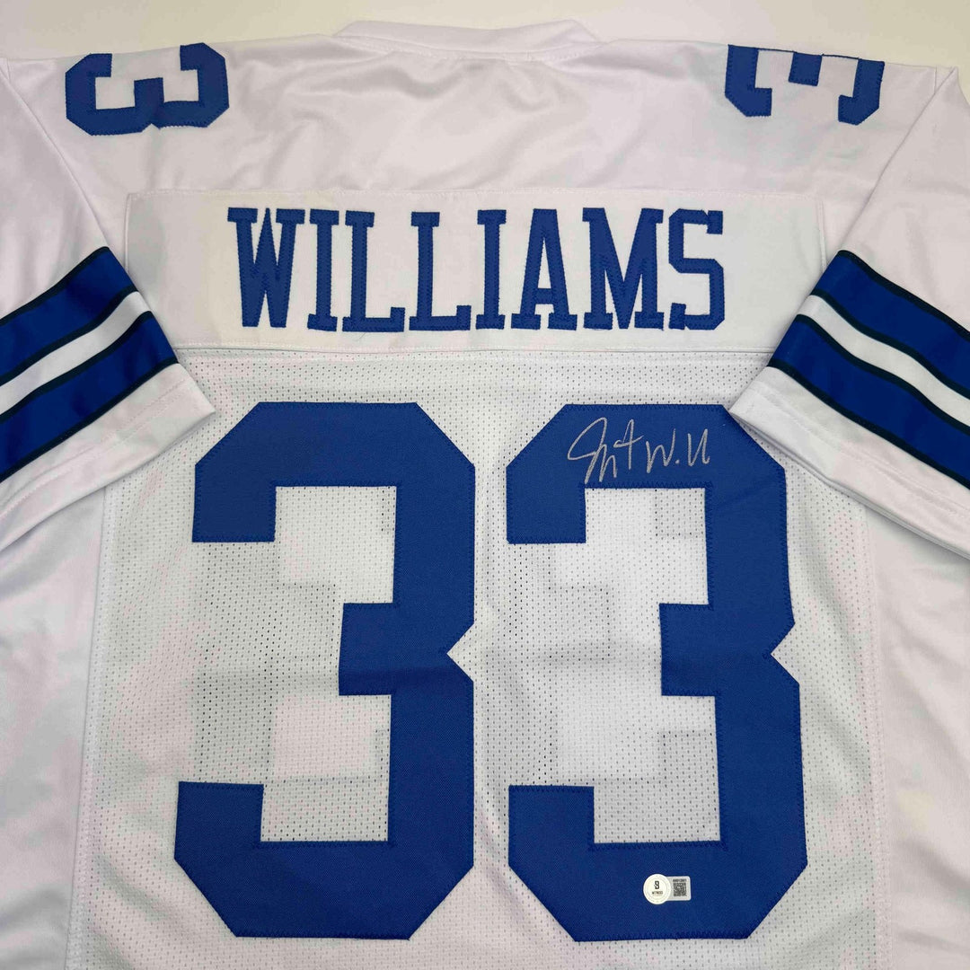 Autographed/Signed Javonte Williams Dallas White Jersey Beckett BAS COA