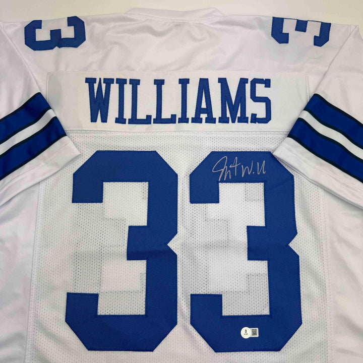 Autographed/Signed Javonte Williams Dallas White Jersey Beckett BAS COA