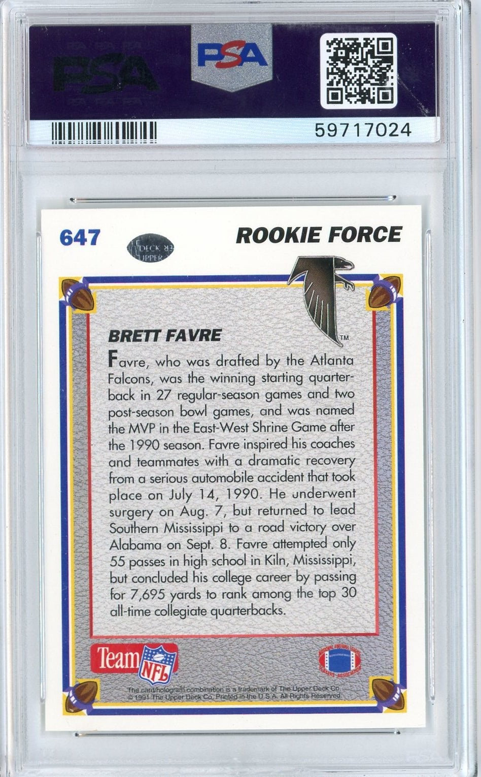 Graded 1991 Upper Deck Brett Favre #647 Rookie RC Card PSA 10 Gem Mint