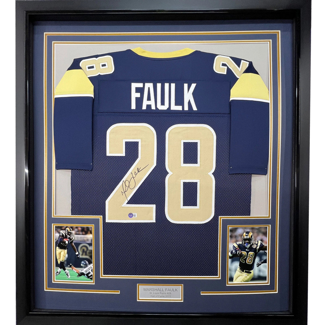 Framed Autographed/Signed Marshall Faulk 33x42 St Louis Navy Blue Jersey BAS COA