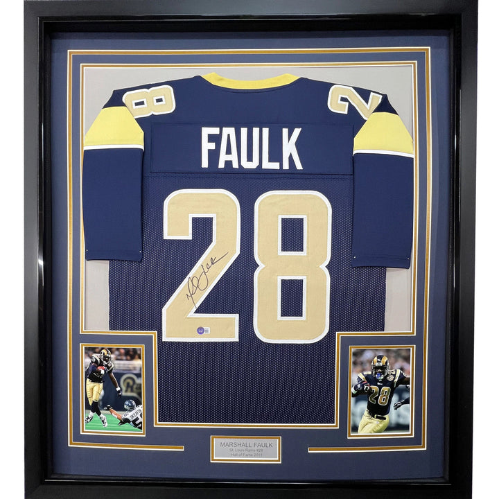 Framed Autographed/Signed Marshall Faulk 33x42 St Louis Navy Blue Jersey BAS COA