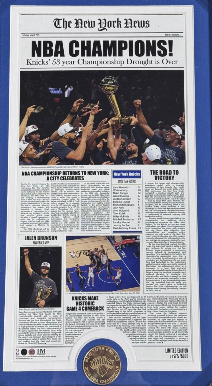 2026 NBA Champions NY Knicks Newspaper Framed Photo Highland Mint Brunson MVP