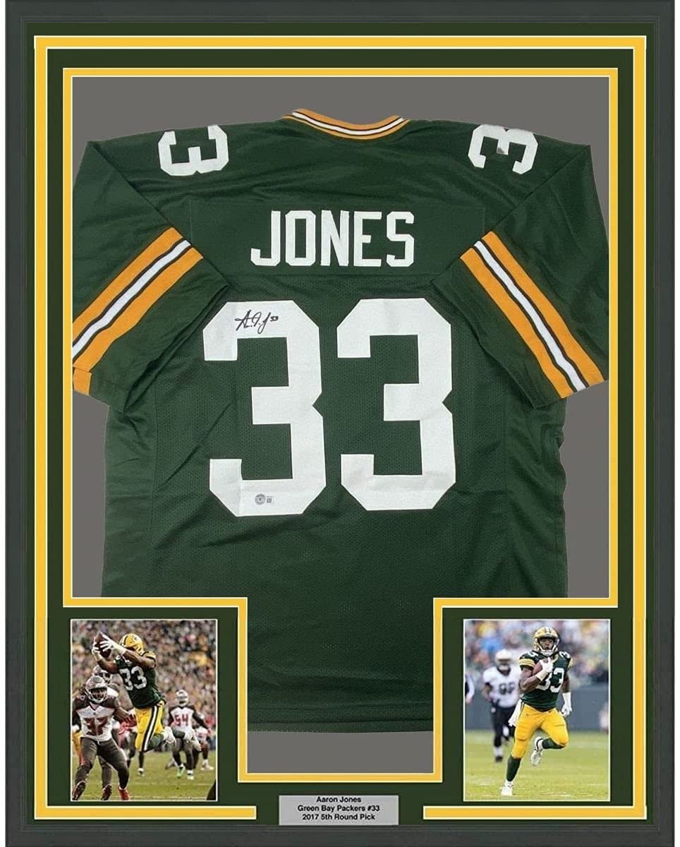 FRAMED Autographed/Signed AARON JONES 33x42 Green Football Jersey BAS COA
