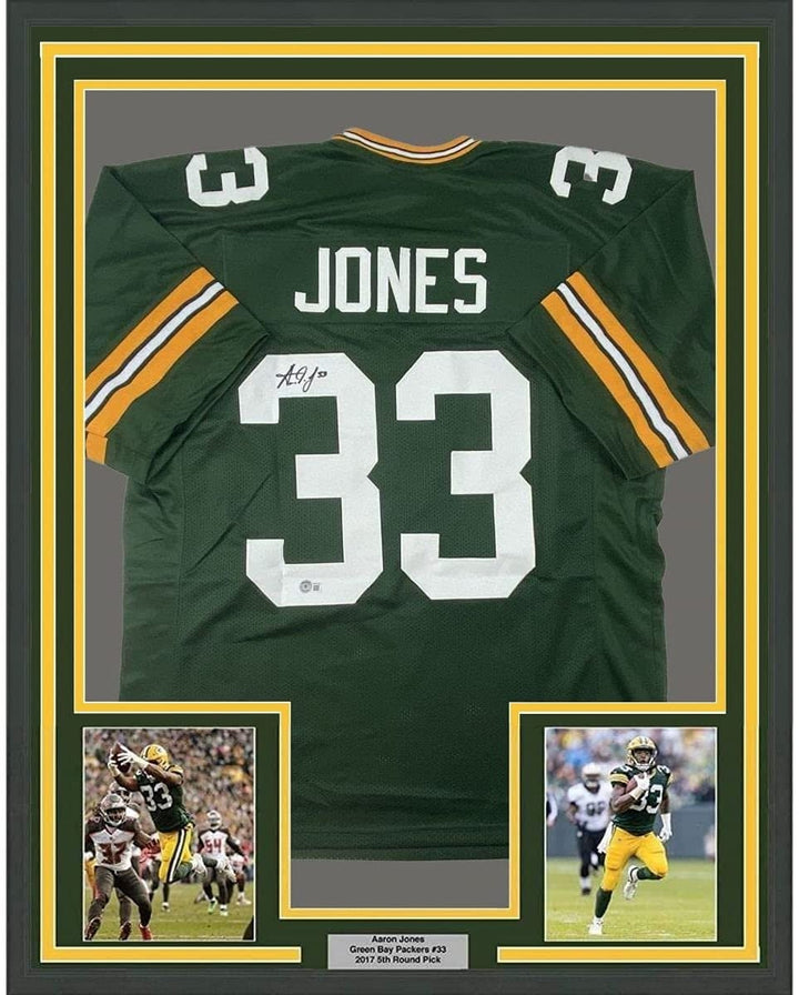 FRAMED Autographed/Signed AARON JONES 33x42 Green Football Jersey BAS COA