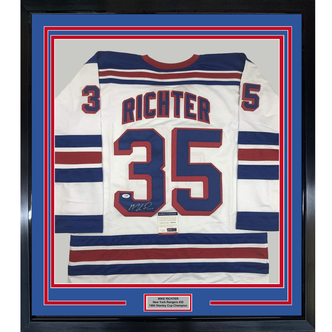 FRAMED Autographed/Signed MIKE RICHTER 33x42 New York White Jersey PSA/DNA COA