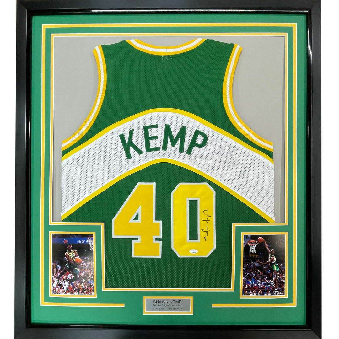 FRAMED Autographed/Signed SHAWN KEMP 33x42 Seattle Green Jersey JSA COA Auto