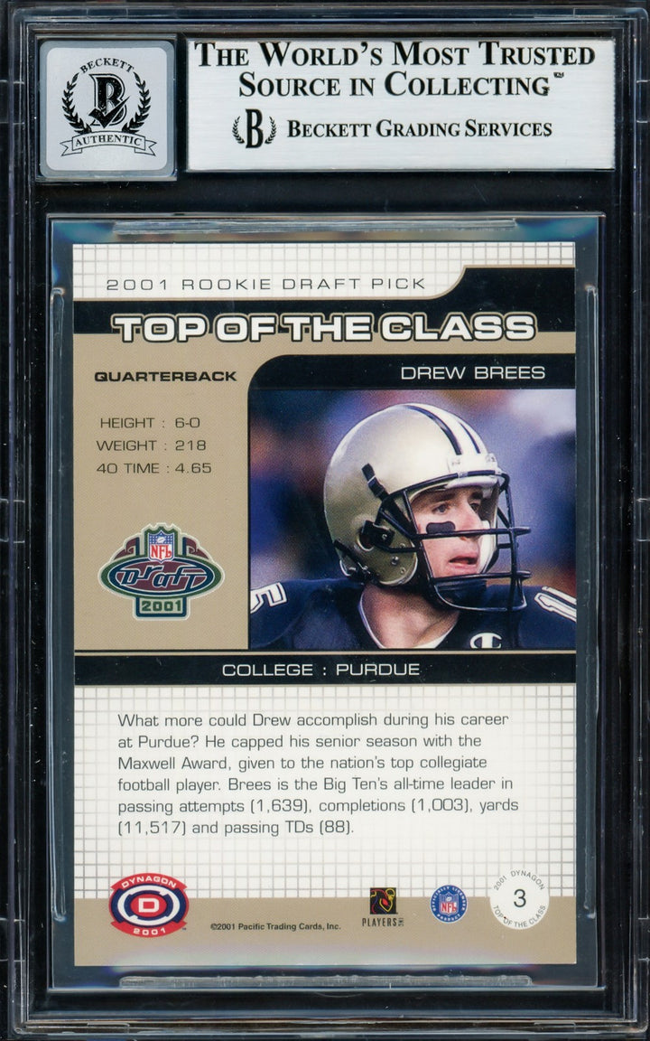 Drew Brees Signed 2001 Pacific Dynagon RC 3 Saints Auto GM 10 Beckett
