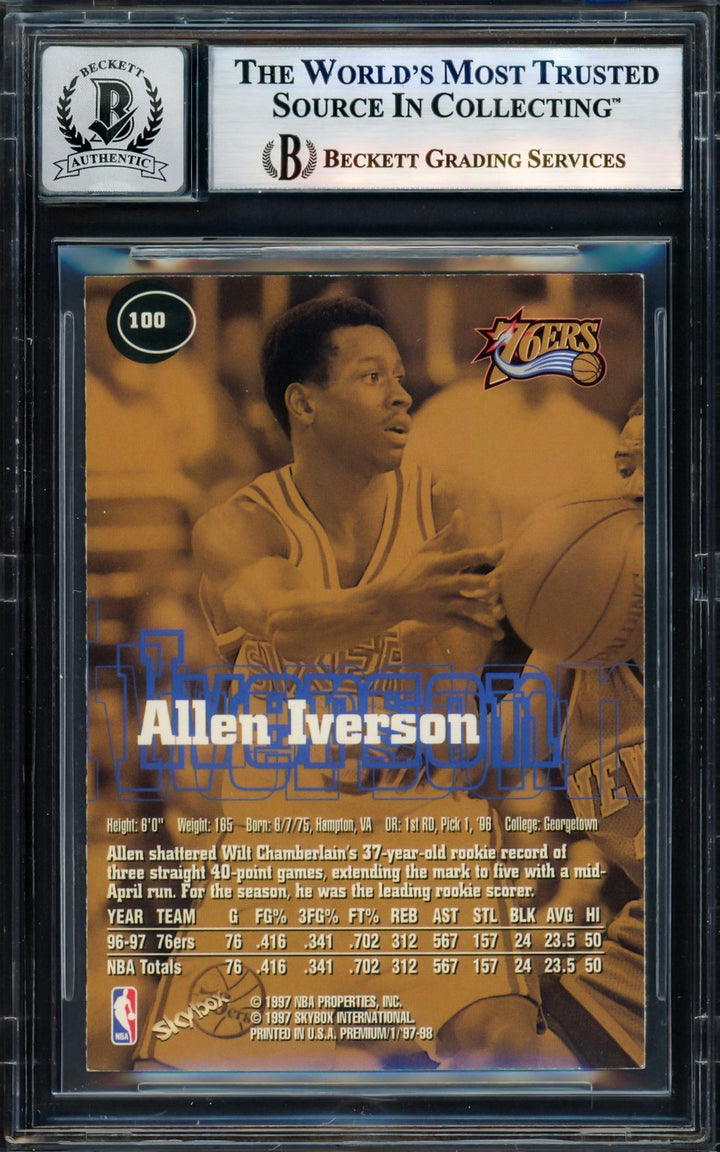 Allen Iverson Auto 1997-98 Skybox Premium Card 100 Card 76ers Auto 10 Beckett